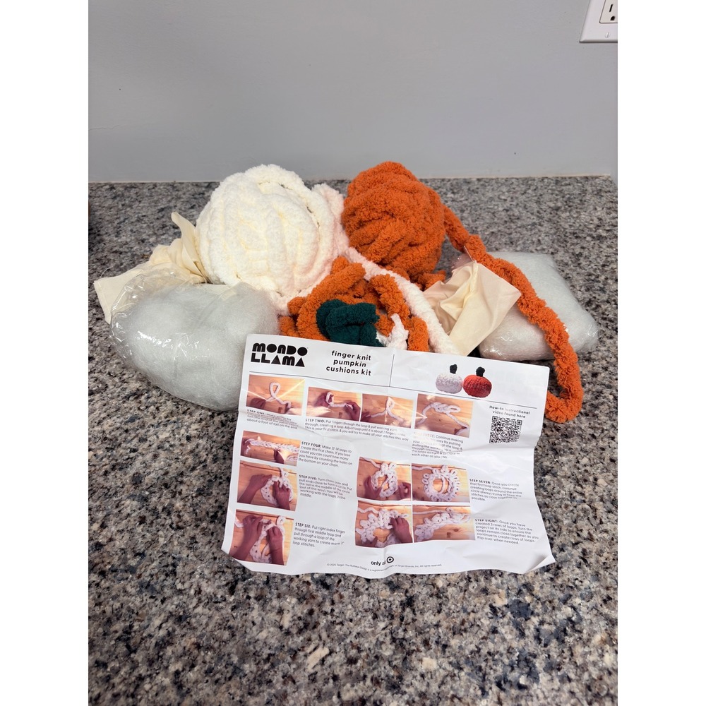 Cottagecore Fall Pumpkin Finger Knit Cushion Kit Arts Crafts Mondo Llama Orange